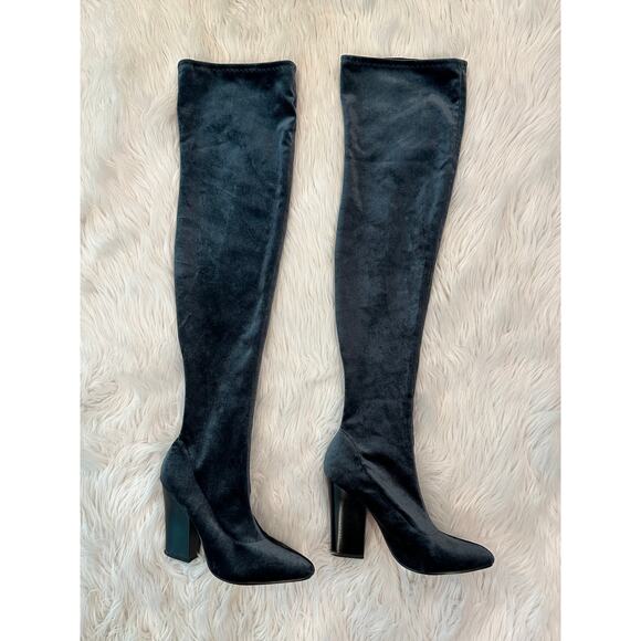 ZARA Over the Knee Boots Stretch Velvet Pointed Toe Block High Heel Blue/ Gray - Picture 7 of 15
